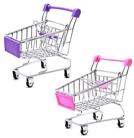 Mini Shopping Cart Trolley, 2 Pcs Storage Basket Kids Toy, Make Up Holder Rack Storage Stainless Metal Racking for Desktop Decoration (Pink & Purple)