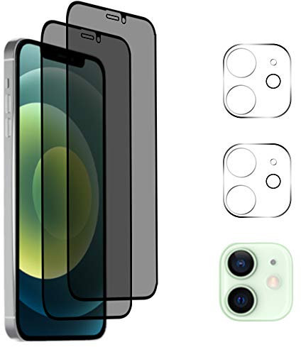 AiMok 2 Pièces Verre Trempé Anti-Espion Compatible avec iPhone 12 6.1 + 2 Pièces Caméra Lens Verre Trempé 【9H Dureté 】 Privacy Protecteur d'écran de confidentialité pour iPhone 12 6.1