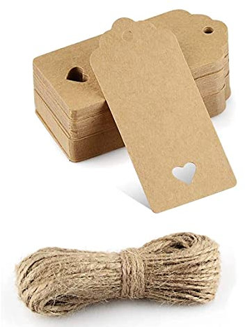 Kraft Paper Gift Tags - 50PCS Brown Heart Wedding Favour Name Tags with Jute Twine String