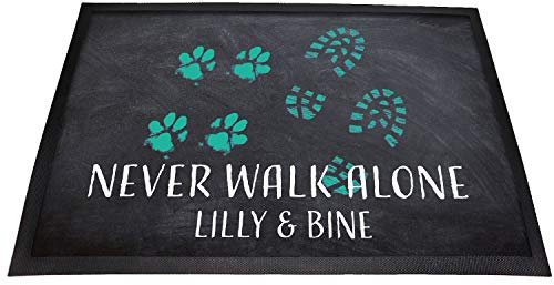 Tierisch-tolle Geschenke Hundefan Design Fußmatte Never Walk Alone inklusive Wunschnamen | rutschfest | Waschbar | (Anthrazit/Türkis)