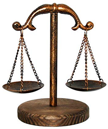 Owlgift Espositore per gioielli, in metallo, stile vintage, con bilancia della giustizia, vassoio per cosmetici e gioielli, unico supporto centrotavola con base in legno, bronzo