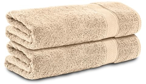 Komfortec 2er Set Duschtücher, 70x140cm Größe, Doppelpack,%100 Baumwolle, Handtücher, Frottee, Weich, Saugstark, Beige