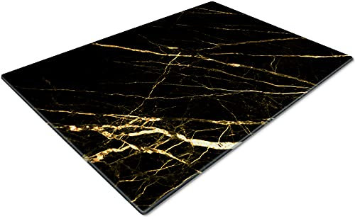 Glass Chopping Board - Non Slip, Small, Black Gold Marble Effect Worktop Saver for Kitchen