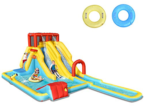 COSTWAY Inflatable Bouncy Castle, Jumper House Water Park with Double Slides, Water Gun, Basketball Hoop and Splashing Pool