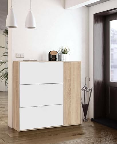 Dmora - Provo Schuhregal, Schuhschrank mit 4 Türen, Mehrzweck-Unterschrank mit 5 Regalen, modernes Schuhregal, 106 x 22 x 115 cm, Eiche und Weiß
