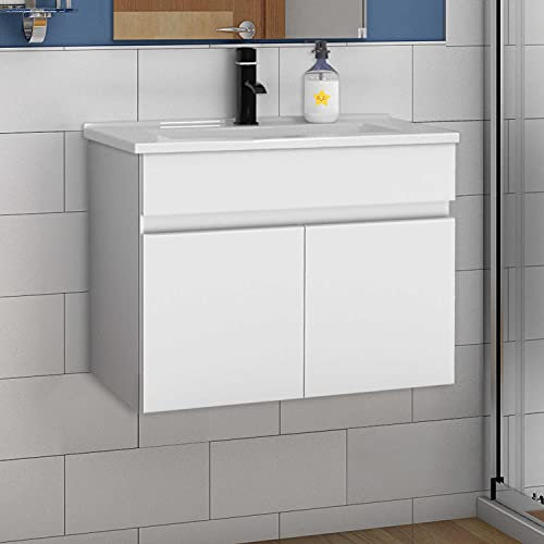 Aica Sanitär Waschtisch mit Unterschrank 60 cm Badmöbel Set mit Waschbecken Keramik dünn Gäste WC Weiß Matt