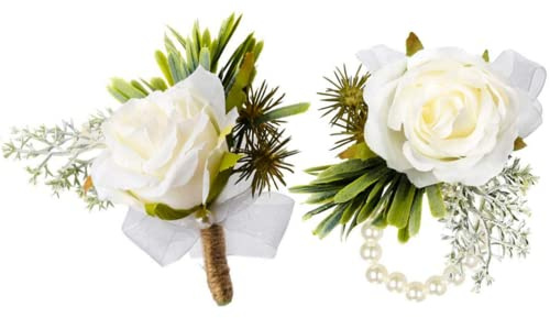 Aliangting 2 Pcs White Rose Ladies Wrist Flower and Men's Buttonhole Corsage Suitable for Bride and Bridesmaid Wedding Prom