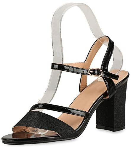 VAN HILL Damen Klassische Sandaletten Blockabsatz Schuhe Elegante Party Abendschuhe Glitzer Absatzschuhe 203048 Schwarz Lack 37