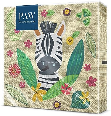 PAW - Servietten 3-lagig (33 x 33 cm) I 20 Stück I Perfekt für Kindergeburtstage, Partys, Kommunion und Feiern I Papierservietten Bunt mit Party Motiv I Tiere, Dschungel, Blätter, Grün - Jungle