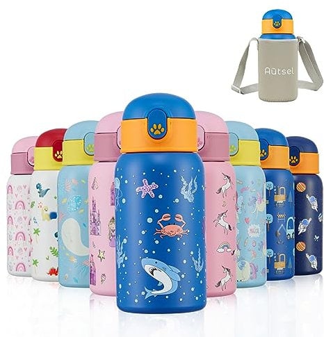 Autsel 500ml Gourde Isotherme Enfant avec Paille Bouteille Isotherme Étanche avec Sac Transport Requin Gourde Bouteille d'eau en Acier Inoxydable sans BPA pour École Sport Maternelle