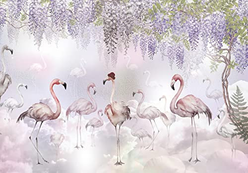 wandmotiv24 Fototapete rosa Flamingos Blüten pastell, XL 350 x 245 cm - 7 Teile, Wanddeko, Wandbild, Wandtapete, Vögel Illustration Baum M6277