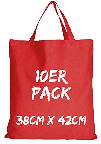 TEXXILLA Baumwolltasche - 10er Pack | Rot | mit Zwei kurzen Henkeln | 38x42cm | Jutebeutel | Einkaufstasche | unbedruckt