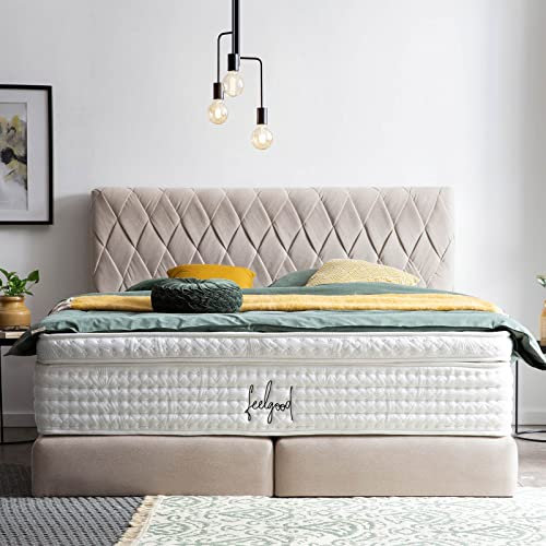 Designer Boxspringbett Lyon 180x200 Webstoff, ohne Topper, Polsterbett, Hotelbett, ohne Bettkasten, 7 Zonen Taschenfederkern-Matratzen, Aufbau KOSTENLOS (Beige, 180x200 cm ohne Topper)