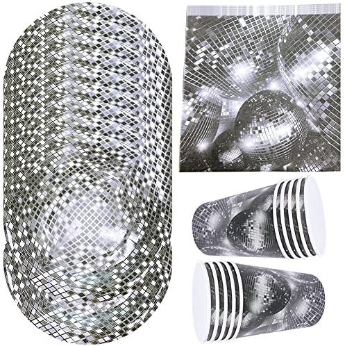 HGSHUO Disco Vaisselle Anniversaire Décorations Vaisselle de Fête d'anniversaire Décorations de Fête Années 80 90 Gobelets Assiettes Serviettes Disco Ball A
