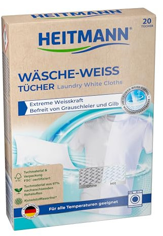 HEITMANN Wäsche-Weiss Tücher | Power-Weiss-Formel | Geeignet für alle Temperaturen und Waschmittel | FSC-zertifiziert | Ohne Kunststofffasern | 20 Tücher