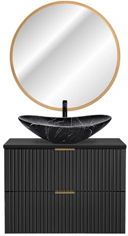 Lomadox Badmöbel Set mit 81cm Waschtisch, Hochschrank, LED-Spiegel und Keramik-Waschbecken, schwarz matt gerillte Front, B/H/T ca. 130/200/46,5 cm