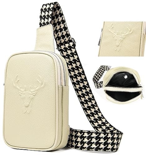 HUMEUHSU Brusttasche Damen Beige Handtasche Klein Umhängetasche Sling Bag Leder Bauch Rucksack Breiter Gurt Frauen Schultertaschen Süßes und stylisch Relief Design für Outdoorsport/Reisen