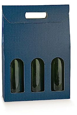 5 Scatole PORTABOTTIGLIE da 3 posti 27x9x38.5 cm con Finestre | 5 PORTA BOTTIGLIE 3 VANI CON MANICO MATRIMONI EVENTI SPECIALI (Blue)