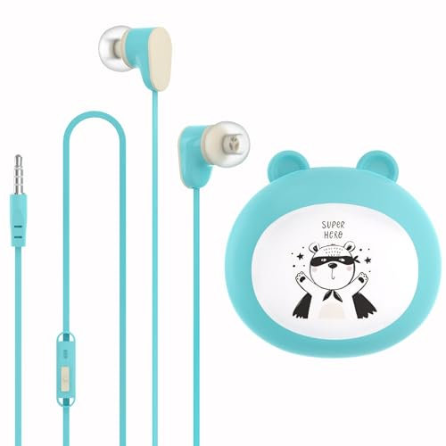 GEEKRIA Kids Wired Earbuds with Mic for School and Online Class, Children's 3.5mm Jack In-Ear Earphone with 85dB Volume Limit for Small Ears, Storage Case Included (Blue)