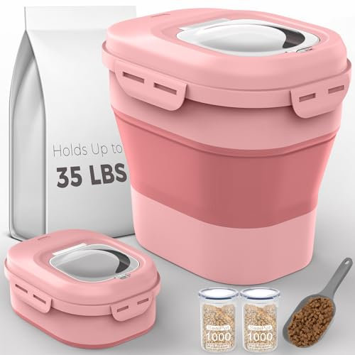 Dog Food Storage Container, 25-32Lbs Collapsible Dog Food Container with Airtight Lids,Wheels,Scoop and 2PCS Pet Food Storage Containers,Large Dry Pet food Container for Dog, Cat and Other Pet-Pink