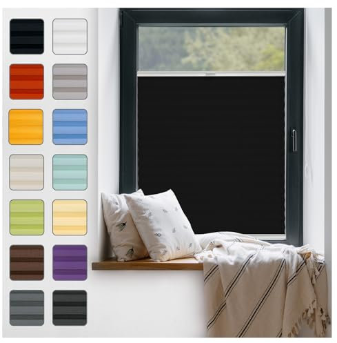 Fenster Plissee ohne Bohren zum Kleben Innenrahmen - Thermo Plisseerollo Innen - Rollo Jalousie, Halterungen auf Rahmen, Faltrollo, Sichtschutz, Blickdicht, für Fenster & Tür - Schwarz, 50 x 180 cm