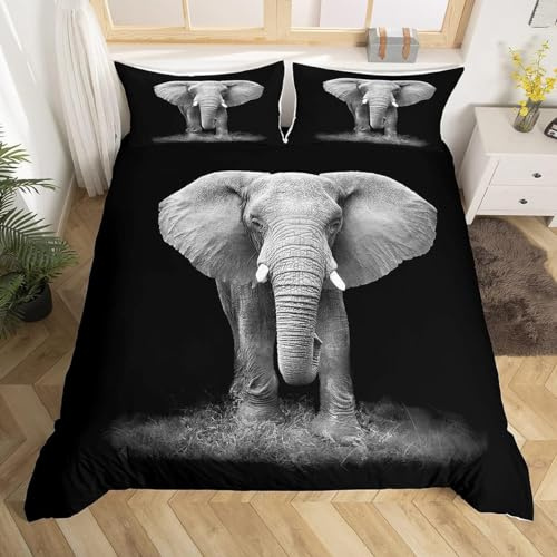 Homemissing Bettbezug mit Elefantenmotiv und 3D-Motiv, lebendiges Tiermotiv, Schwarz, Grau, Bettbezug 220 x 240 cm, mit 2 Kissenbezügen, Reißverschluss, exotischer Stil mit Motiv