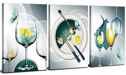 Teal Grey Wine Glass Wall Art for Kitchen Dining Room Bar Wall Decor Turquoise Abstract Geometric Goblet Cups Canvas Pictures Poster Kitchenware Paintings Modern Artwork Home Decorations 12x16” 3 Pcs