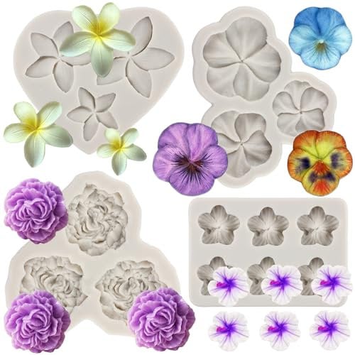 MYPRACS Frangipani Plumeria Flower Silicone Mould Peony Flower Fondant Moulds Pansy Flower Mould for Cupcake Topper Cake Decorating Chocolate Candy Polymer Clay Gum Paste Set of 4