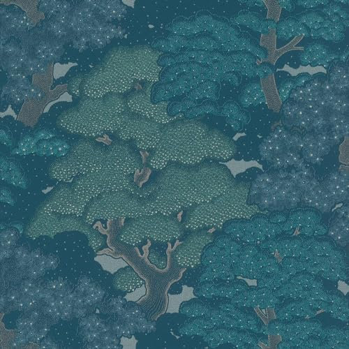 Botanical Tree Blue Green Wallpaper - Floral Flowers Metallic Detail Feature Wall - Modern Textured Paste The Wall Vinyl