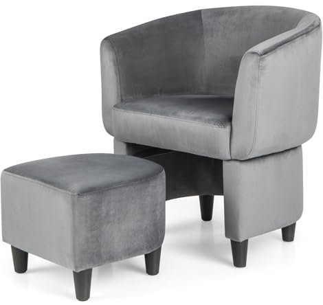 RELAX4LIFE Tub Chair with Ottoman, Upholstered Velvet Barrel Accent Armchair with Non-slip Felt Pads, Space-saving Comfy Leisure Lounge Club Chair for Living Room Bedroom Office (Gray)