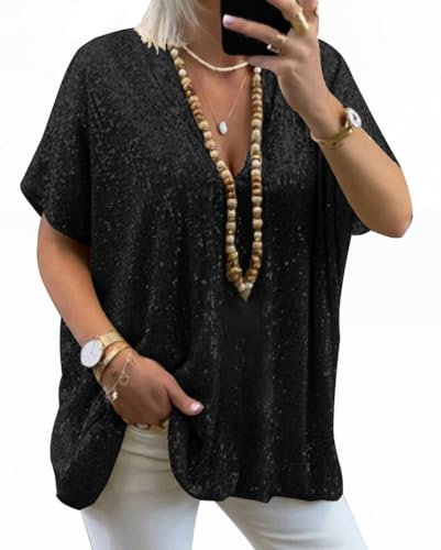 Minetom Damen Glänzend Pailletten T-Shirt Kurzarm Blusen V-Ausschnitt Lose Oversize Shirt Casual Sommer Oberteile Top A1 Schwarz M