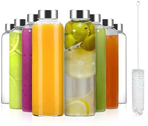 Eidoct 8pcs Glass Water Bottles with Lids, 500ml Glass Juice Bottles, Reusable Drinking Bottle Leakproof, Clear Glass Bottles for Juicing,Sauce Jar, Hot & Cold Drinks, Milk,With Cleaning Brush