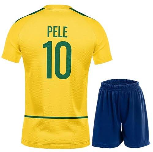 PraiseLight Brasilien Limitierte Pele Heim Fußball Kinder Trikot Auflage Shorts Set Nostalgie Jugendgrößen (Gelb 10, 176 (12-13 Jahre)