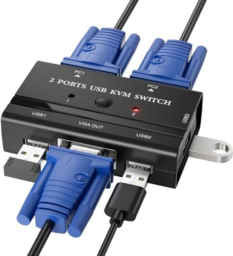 Jancane KVM Switch, 2 Puertos Conmutador KVM,2 PC 1 Monitor VGA para un Monitor de Video de 1 Piezas y 3 Dispositivos USB, para Compartir Teclado, Raton, Escáner, Impresora, Incluye 2 Cables USB-KVM