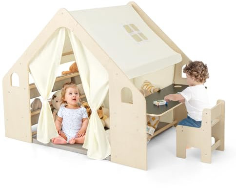 GOPLUS 6 in 1 Kinderzelt, Spielzelt Holz mit Schreibtisch & Stuhl & Tafel, Spielhaus Indoor mit Aufbewahrungsbox, Bodenmatte & Vorhänge, Holzspielzelt für Kinder im Alter von 2-6 Jahren (145x98x113cm)