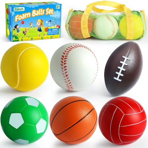 Billeeit set de 6 mini balles sportives mousse pour tout-petits, premier sac de sport dès 3 ans, comprend 1 de chaque : foot, tennis, basket, football américain, baseball, volley (3,5)