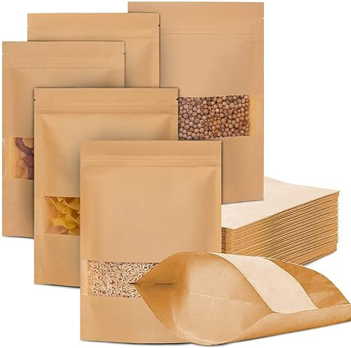 100Pz Sacchetti Carta per Alimenti, Buste Carta Alimenti con Finestra a Zip, Sacchetti Carta Kraft con Chiusura, Applicano a Noci, Chicchi di Caffè, Foglie di Tè, Spezie 14x22cm