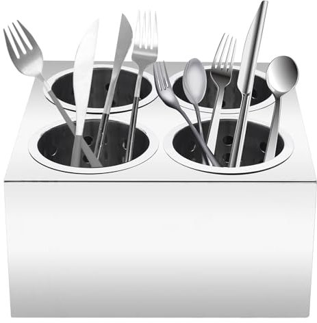 Récipient à couverts professionnel en acier inoxydable poli avec 4 carquois à double rangée - Couverts amovibles - 26,7 x 31 x 19,5 cm - Design creux - Pour restaurant et cuisine