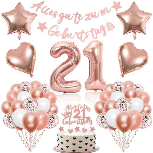 21. Geburtstag Deko Frauen Luftballons Rosegold - Happy Birthday Girlande, Tortendeko, Party Deko, Zahlen Luftballon, Folienballon