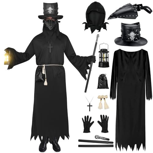 Halloween Pestdoktor Kostüm Set, Pestdoktor Maske, Halloween SchwarzKostüm Herren mit Voge Schnabelmaske, Plague Doctor Costume, Mittelalter Steampunk Zepter Schnabel Maske Hut für Cosplay Party