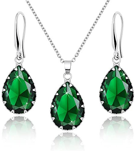 Linawe Schmuckset Grün Schmuck Set Damen, Ohrringe Silber Set Ohrringe Hängend Damenohrringe, Smaragd Anhänger Kette Halskette, Kettenanhänger Silber Modeschmuck Jewelry