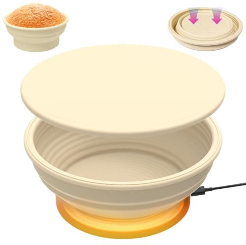 HMGES Heated Banneton Bread Proofing Basket, 9 inch Foldable Multifunctional Silicone Sourdough Fermentation Bowl With Graphene Warmer & Lid, 4 Adjustable Temperature Levels, Non Stick Surface