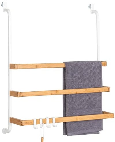 eluno Handtuchhalter für die Glasduschwand aus Metall und Bambus, Handtuchhalter mit 3 Handtuchstangen, 4 praktischen Haken, zum Einhängen ohne Bohren (Weiß)