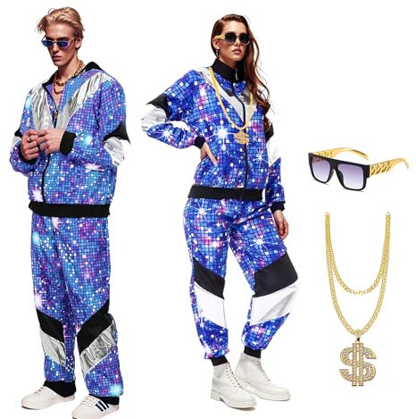80er 90er Jahre Outfit Herren Damen, Faschingskostüme Damen Männer, Disco Kostüm Partnerkostüme Erwachsene 80er 90er Trainingsanzug, Karneval Kostüm Damen mit Brille, Anhänger Halskette (M)