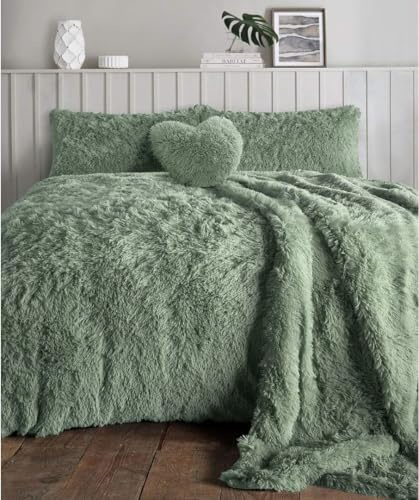NIGHTZONE Luxury Teddy Bear Fleece Long Fur Cuddles Alaska Duvet Cover Set Warm Cosy Soft Teddy Bedding Set (Sage Green, Double)