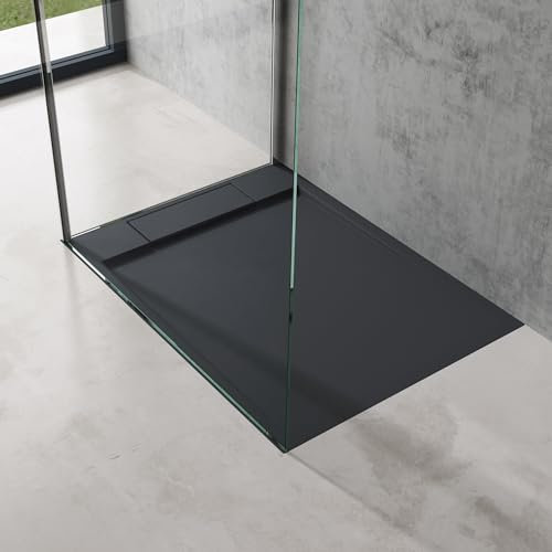 doporro Receveur de Douche Design Ultra Plat 4 cm Bac à Douche Rectangulaire en Solid Surface Gris Noir Mat Geoma04 75x100x4 cm avec Bonde AL01