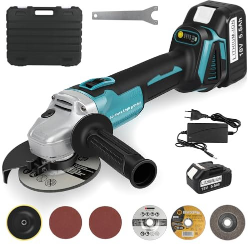 KEATFE Akku Winkelschleifer 18V, Ø125mm, 9000rmp Speed, Brushless, Schnellverschlussabdeckung, Anti-Vibrations-Griff, 1 * 5.5Ah Akku & Ladegerät