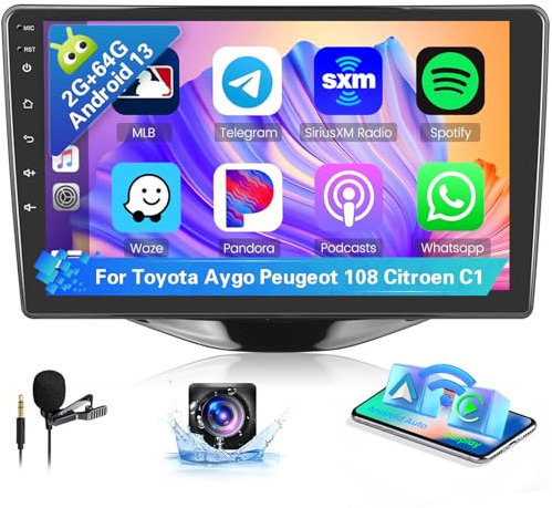 Hikity 8 Cores 2G+64G Android 15 Autoradio Für Toyota Aygo Peugeot 108 Citroen C1 Wireless Carplay Android Auto, 9 Zoll Auto Radio mit GPS Navi Bluetooth WiFi DSP 32EQ FM RDS SWC Rückfahrkamera