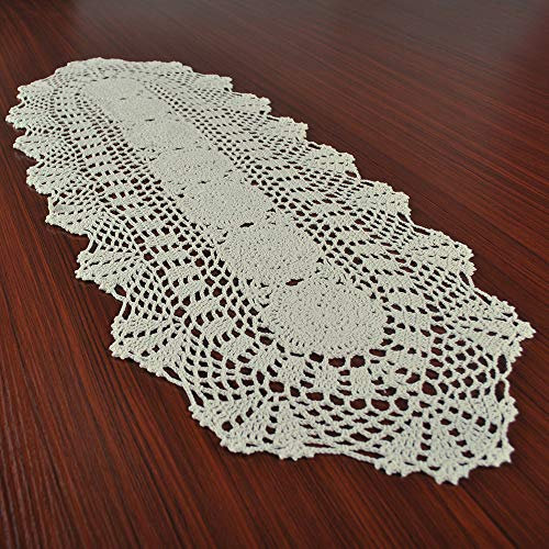 Yizunnu Tischläufer, Vintage-Stil, handgehäkelt, oval, Baumwolle, Spitze, 30 x 90 cm, Beige