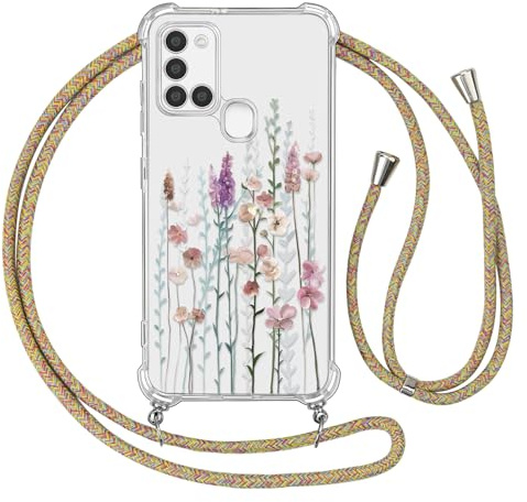 Ciciber Ttusy Handykette Hülle für Samsung Galaxy A21s mit Band, Durchsichtig Muster Blumen Case Weiches Silikon Schutzhülle mit Kordel zum Umhängen Necklace HandyHülle für Samsung A21s, 02